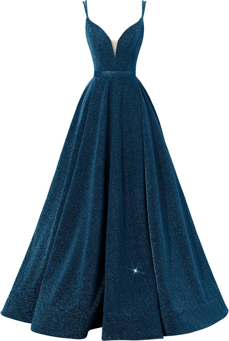 Women's Glittery Spaghetti V-Neck Prom Dresses Long Side Split Formal Evening Gowns