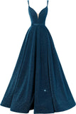 Women's Glittery Spaghetti V-Neck Prom Dresses Long Side Split Formal Evening Gowns