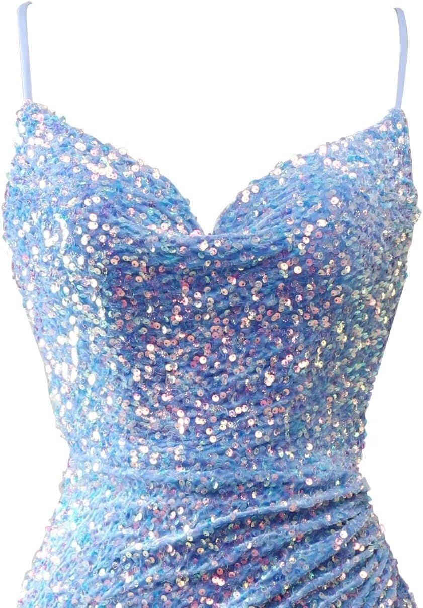 Spaghetti Straps Sequin Prom Dresses for Women 2027 Mermaid Ruched Formal Dress with Slit Sparkly Evening Party Gown