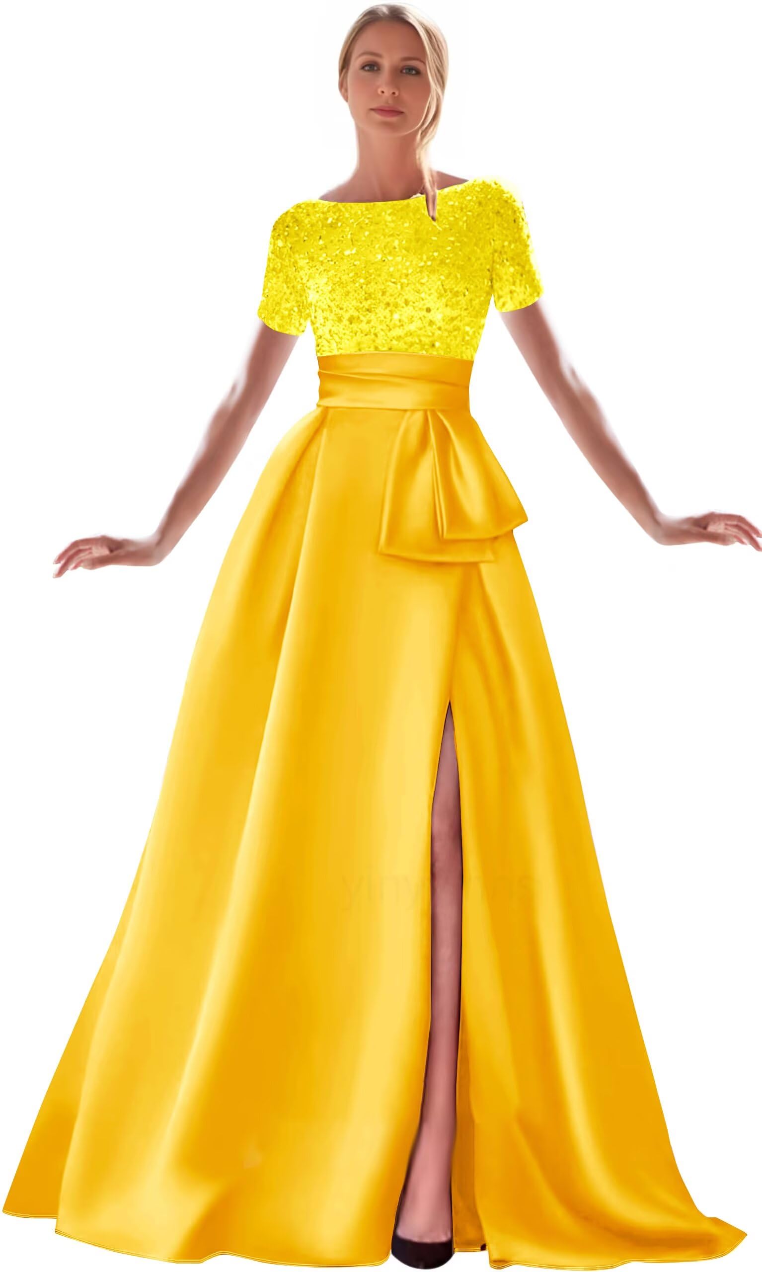 Kingbridal Gowns Short Sleeve Sequin Prom Dresses for Women 2026 Satin A-Line Sparkly Formal Evening Party Ball Gowns with Slit