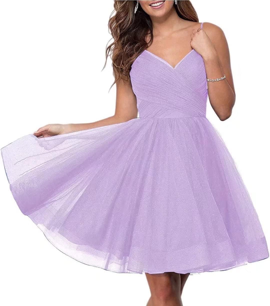 Short Homecoming Dresses Spaghetti Straps V Neck Glitter Tulle Ball Gown Short Prom Graduation Dress for Juniors