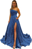 One Shoulder Sequin Prom Dresses for Women Long Sparkly A-Line Slit Formal Evening Party Ball Gowns with Pockets