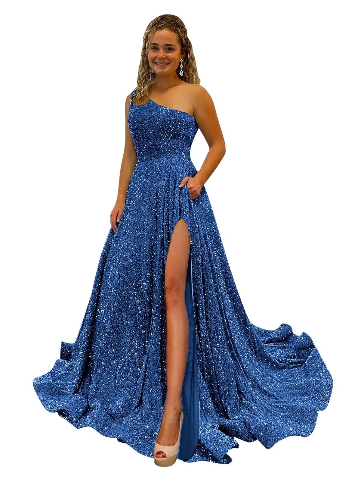 One Shoulder Sequin Prom Dresses for Women Long Sparkly A-Line Slit Formal Evening Party Ball Gowns with Pockets