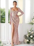 Mermaid Sequin Prom Dresses for Women 2026 Long Sleeve Ruched Formal Dress with Slit Sparkly Evening Party Gowns