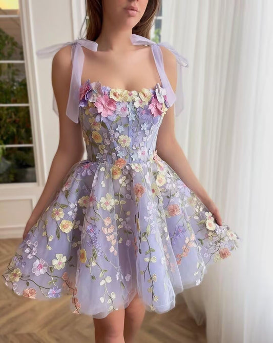 Floral Tulle Homecoming Dresses Short Cocktail Dresses Straps DAMA Dresses Lace Party Gown 3D Floral Dama Dress for Quinceanera