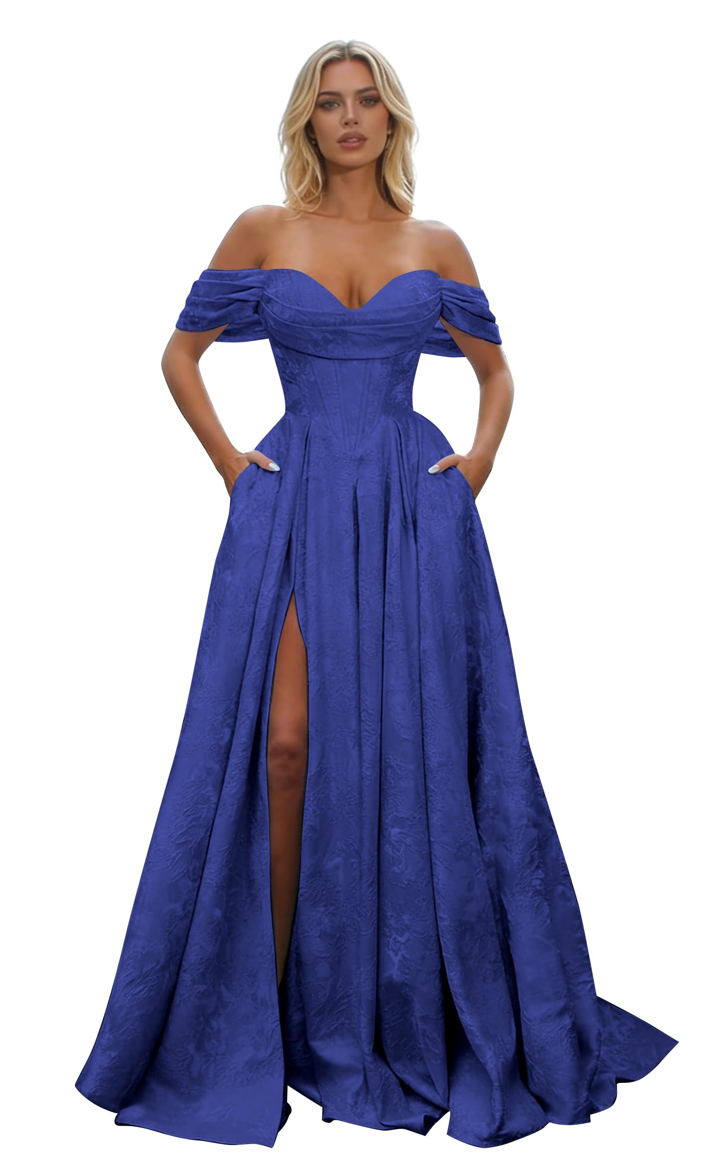 Off Shoulder Long Prom Dress 2026 Floral Satin A-Line Corset Ball Formal Evening Gown with Slit