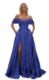 Off Shoulder Long Prom Dress 2026 Floral Satin A-Line Corset Ball Formal Evening Gown with Slit