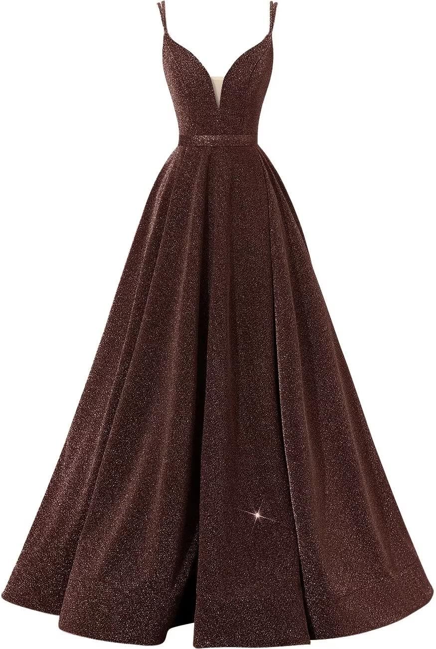 Women's Glittery Spaghetti V-Neck Prom Dresses Long Side Split Formal Evening Gowns