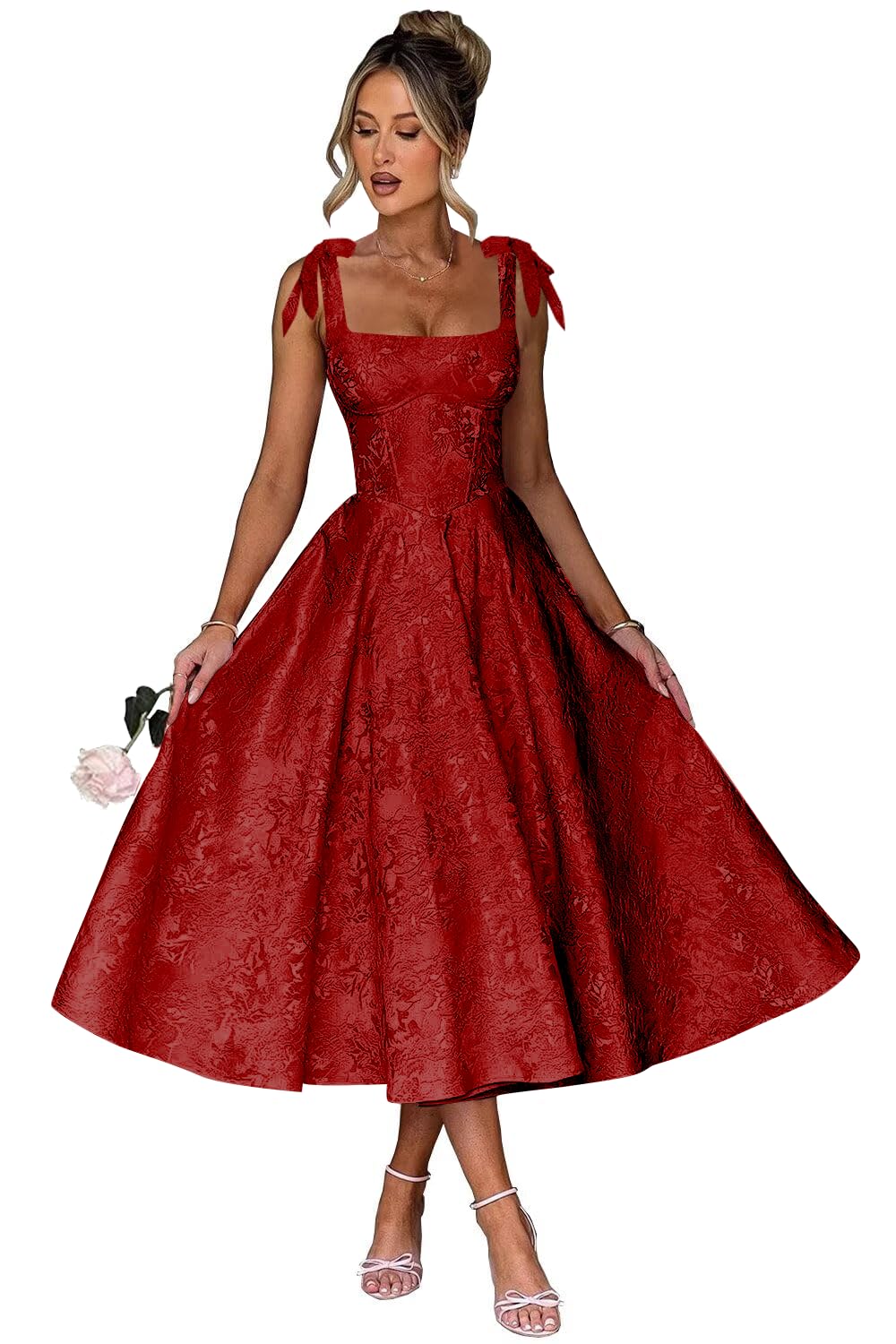 Women's Midi Bridesmaid Dresses Jacquard Satin with Bow Spaghetti Straps Square Neck Formal Wedding Guest Dress