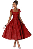 Women's Midi Bridesmaid Dresses Jacquard Satin with Bow Spaghetti Straps Square Neck Formal Wedding Guest Dress