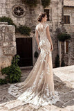 Mermaid Lace Cap Wedding Dress with Detachable Tulle Train for Bride Evening Prom Gown