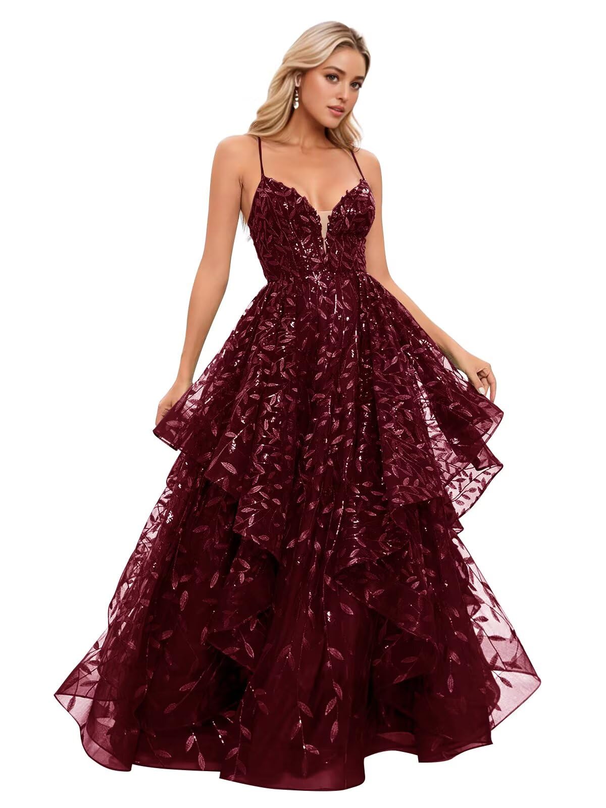 Spaghetti Strap Prom Dresses for Women V Neck Sparkly Sequin Tulle Tiered Ball Gown Long Formal Evening Dress