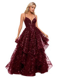 Spaghetti Strap Prom Dresses for Women V Neck Sparkly Sequin Tulle Tiered Ball Gown Long Formal Evening Dress