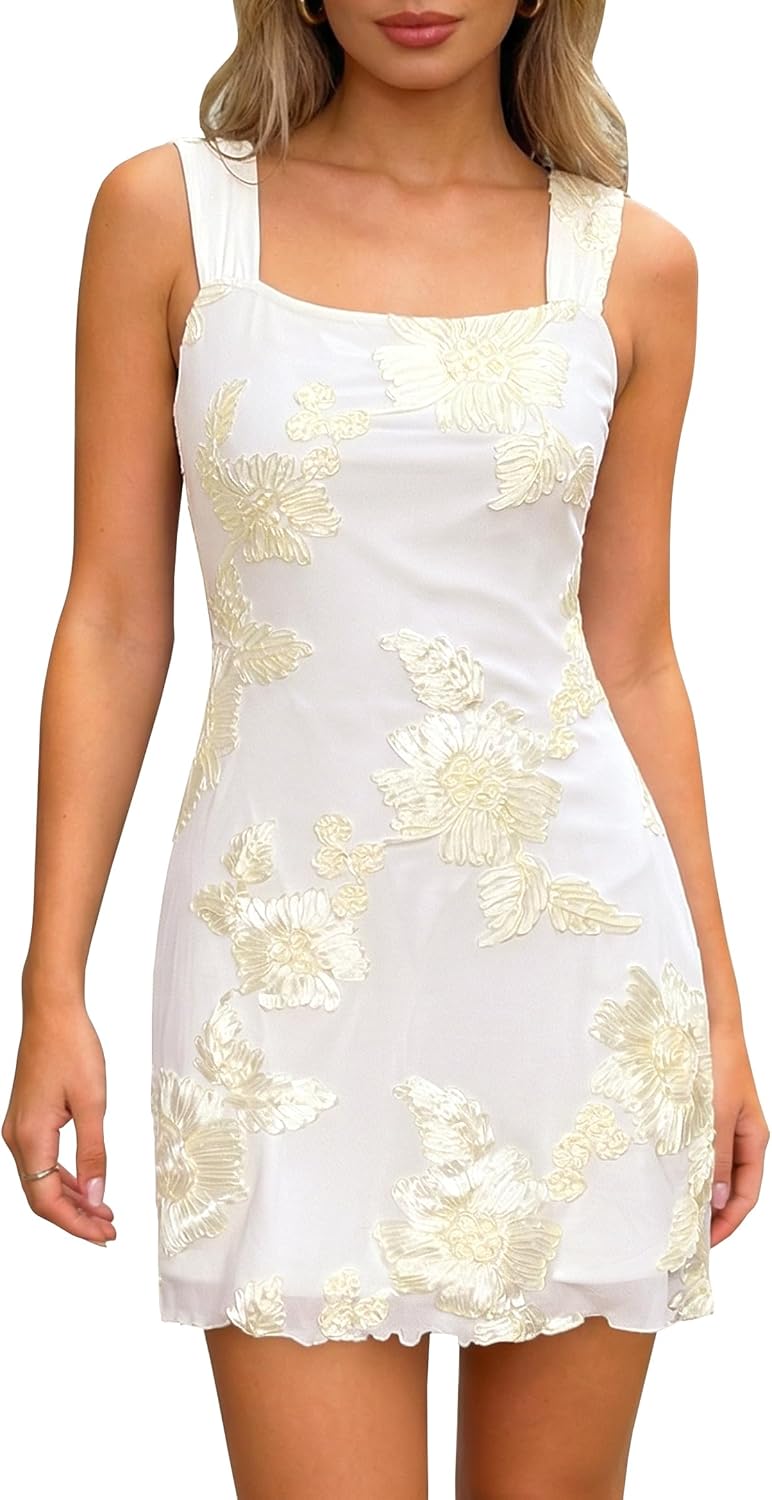Women's Embroidered Floral Mini Dress Summer 2026 Sleeveless Square Neck Mesh Short Dresses Cocktail Party Going Out