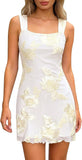 Women's Embroidered Floral Mini Dress Summer 2026 Sleeveless Square Neck Mesh Short Dresses Cocktail Party Going Out