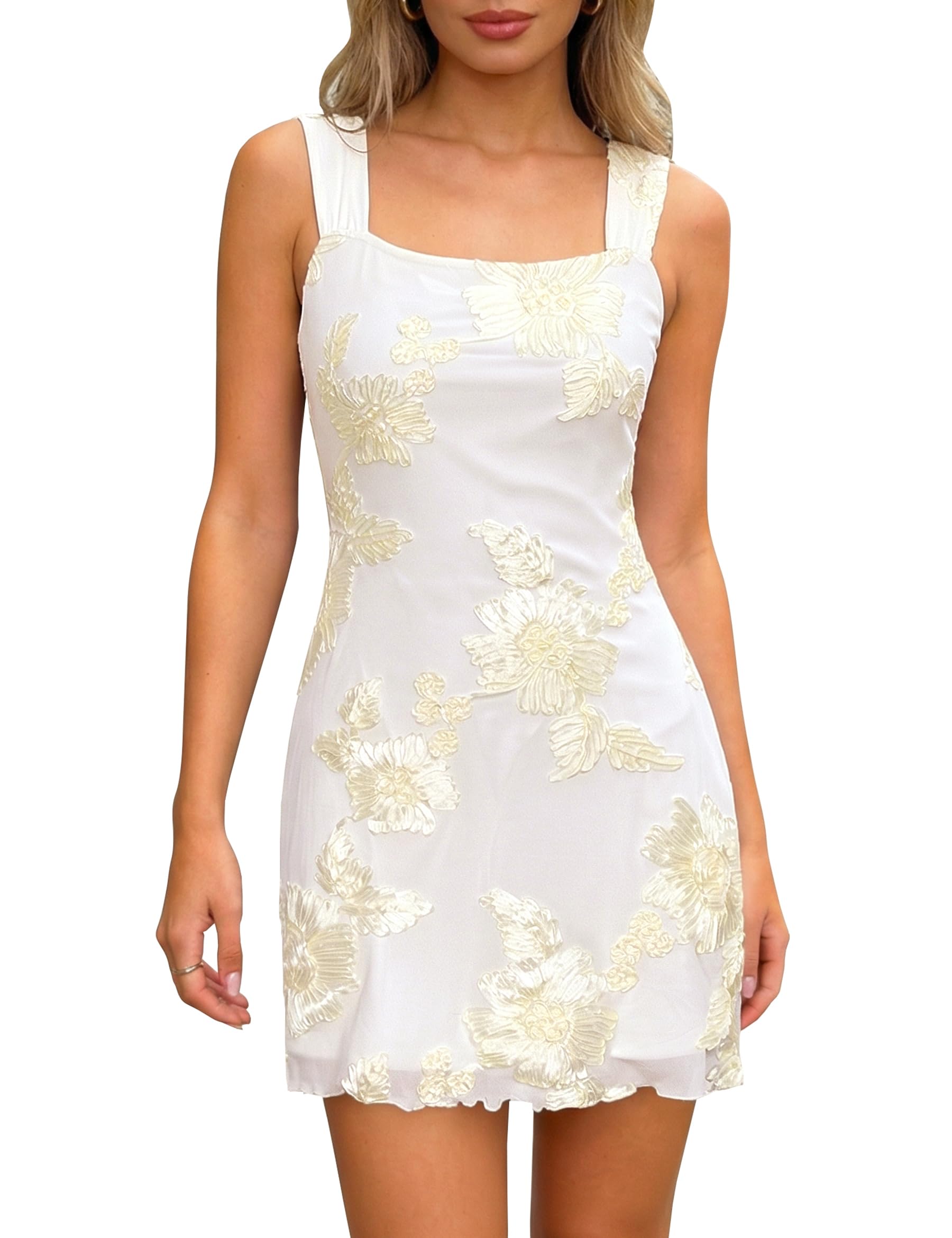 Women's Embroidered Floral Mini Dress Summer 2026 Sleeveless Square Neck Mesh Short Dresses Cocktail Party Going Out