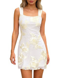 Women's Embroidered Floral Mini Dress Summer 2026 Sleeveless Square Neck Mesh Short Dresses Cocktail Party Going Out