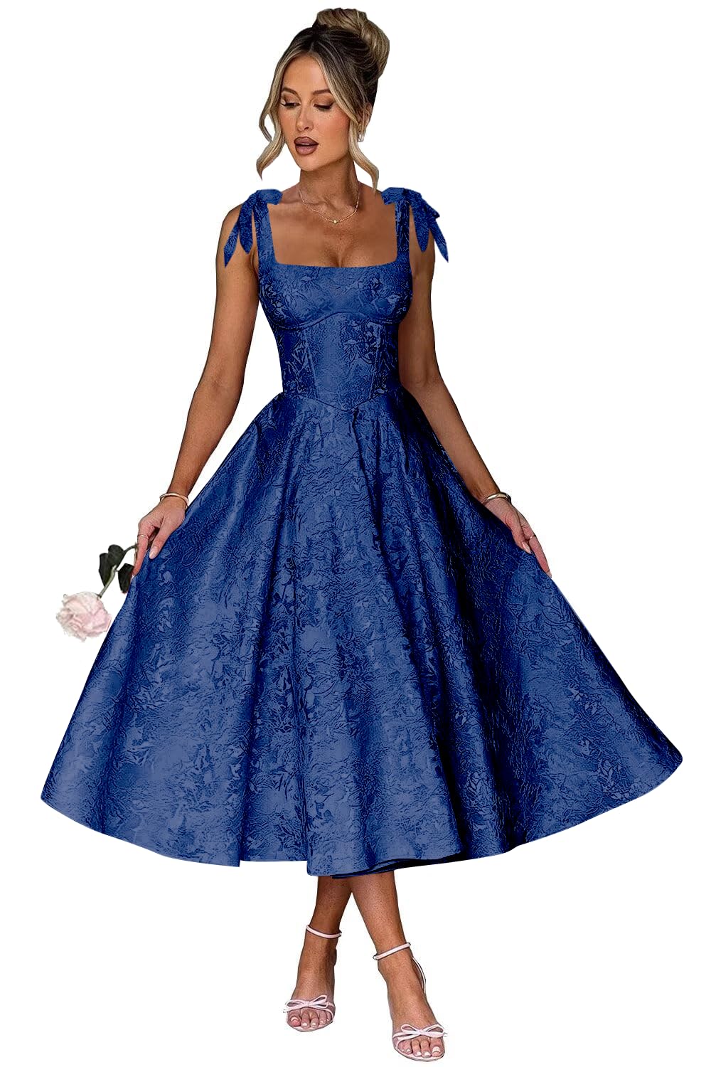 Women's Midi Bridesmaid Dresses Jacquard Satin with Bow Spaghetti Straps Square Neck Formal Wedding Guest Dress