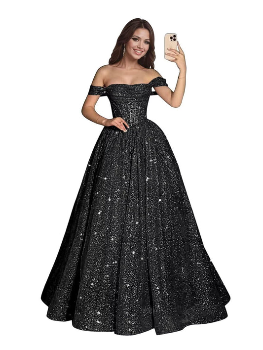 Off Shoulder Quinceanera Dress Long Sparkly Tulle Prom Dress A Line Formal Ball Gown Sequin Tulle Prom Dress A Line Corset