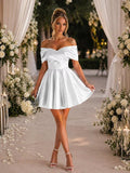 Off Shoulder Satin Homecoming Dresses for Teens 2026 Short Prom Dress A-line Pleated Cocktail Party Gowns