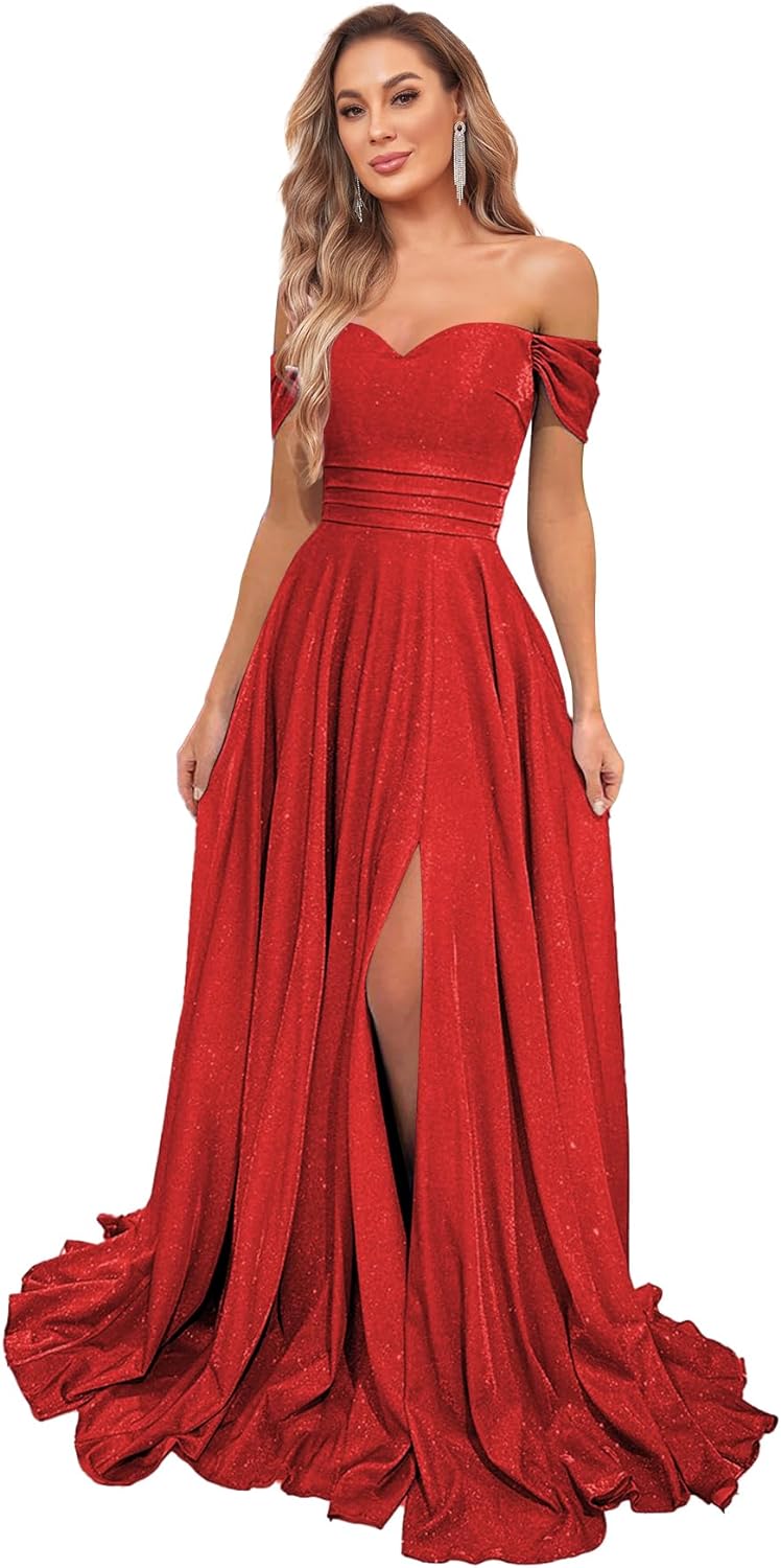 Women's Glittery Prom Dresses Long Ball Gown Off Shoulder High Slit Formal Evening Gowns with Pockets