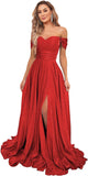 Women's Glittery Prom Dresses Long Ball Gown Off Shoulder High Slit Formal Evening Gowns with Pockets