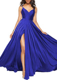 Satin Bridesmaid Dresses for Women Spaghetti Straps Wedding Guest Dress Long V Neck Formal Gown with Slit