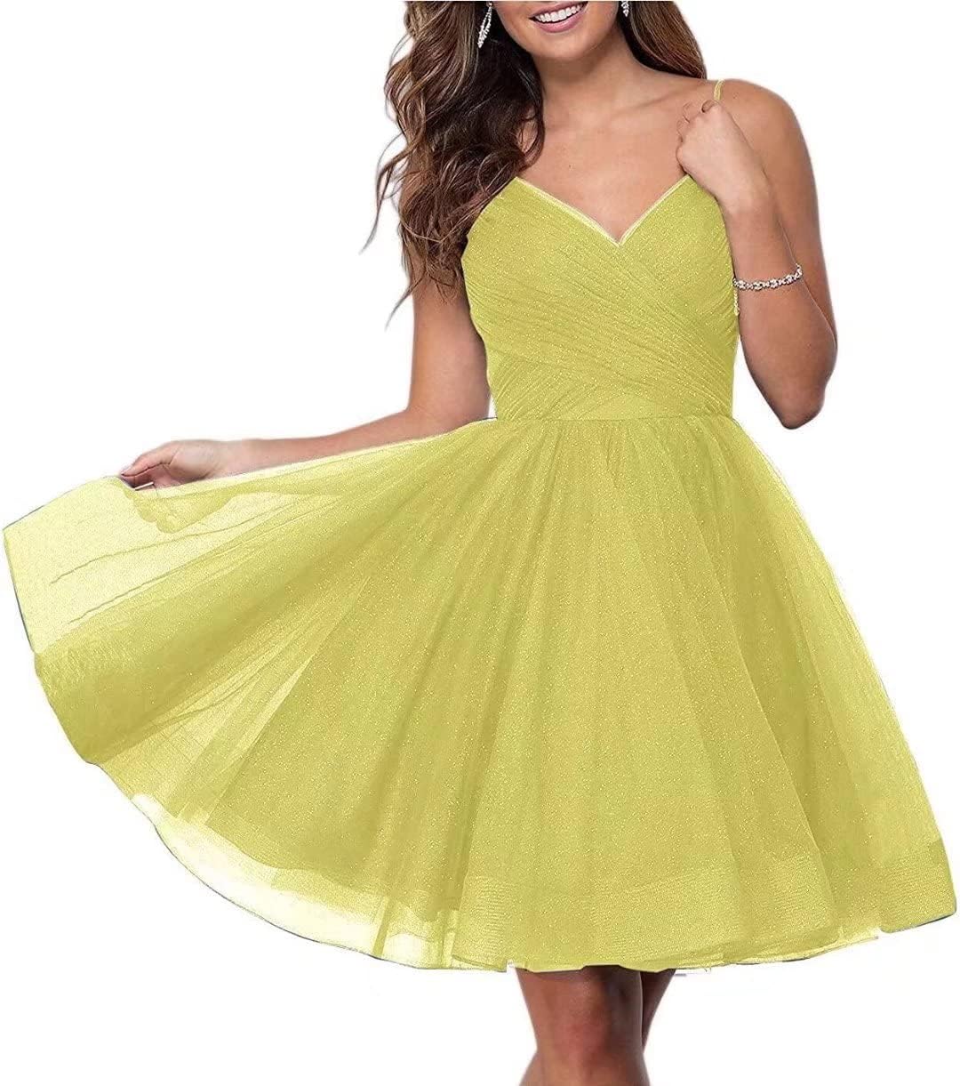 Short Homecoming Dresses Spaghetti Straps V Neck Glitter Tulle Ball Gown Short Prom Graduation Dress for Juniors