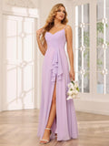 Vestidos de dama de honor largos de gasa con tirantes finos y bolsillos, vestidos formales con volantes y abertura para mujer 