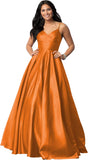 Women's Spaghetti Straps Satin Prom Dresses with Pockets V Neck Pleated Formal Evening Ball Gowns