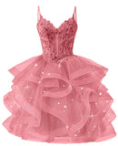 Glitter Tulle Homecoming Dresses 2026 Tiered Ruffles Lace Short Prom Dress for Teens Quinceanera Gowns