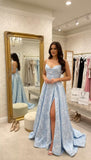 Satin Spaghetti Straps Prom Dresses for Women Jacquard Aline Backless Formal Evening Party Ball Gowns with Pockets