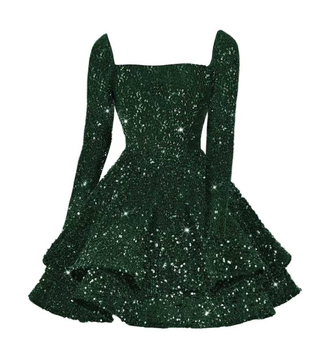 Sequin Short Homecoming Dress for Teen Sparkly Long Sleeve Prom Sweet 16 Dresses Cocktail Gowns