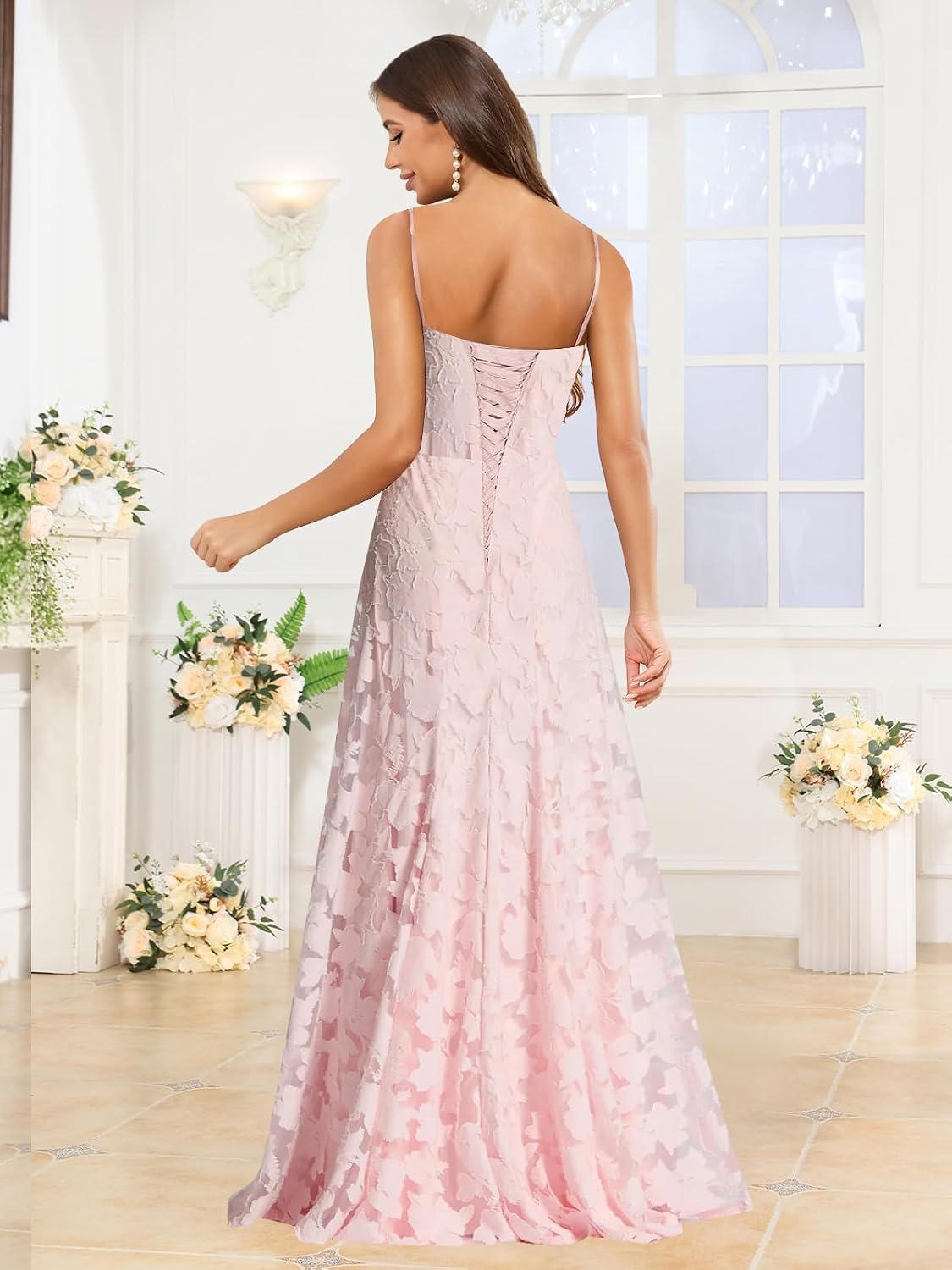 Women’s Ruffled Bridesmaid Dresses Scoop Neck Floral Chiffon Formal Dress Wrap Pleated Wedding Guest Dress