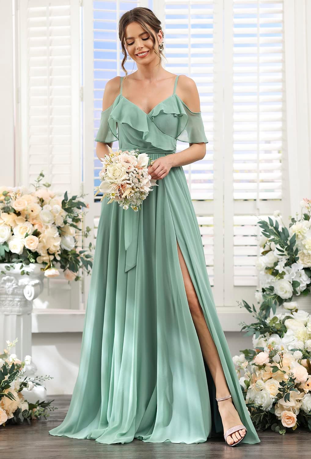 Women's Bridesmaid Dresses with Slit Long Cold Shoulder Chiffon Formal Party Dress with Pockets