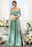 Women's Bridesmaid Dresses with Slit Long Cold Shoulder Chiffon Formal Party Dress with Pockets