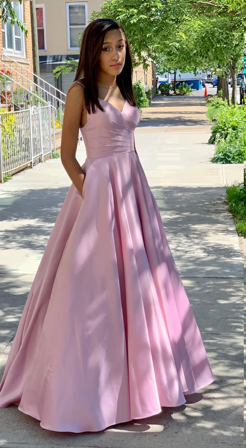 Women's Spaghetti Straps Satin Prom Dresses with Pockets V Neck Pleated Formal Evening Ball Gowns