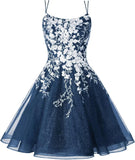 Sparkly Lace Applique Homecoming Dresses for Teens Short Corset Tulle Spaghetti Strap Prom Cocktail Party Dress