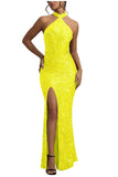 Sequin Mermaid Prom Dresses for Women Long Sparkly Halter-Neck Tight Backless Formal Evening Party Gowns with Slit