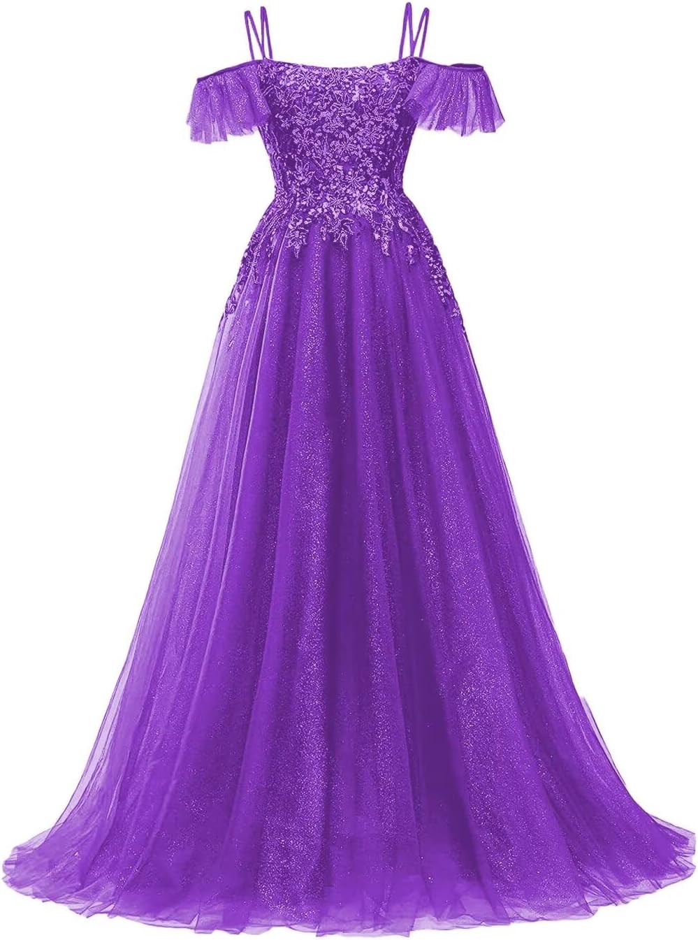 Off Shoulder Tulle Ball Gowns for Women Lace Appliques Beaded Prom Dress Sparkly Long A-line Evening Gowns