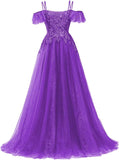Off Shoulder Tulle Ball Gowns for Women Lace Appliques Beaded Prom Dress Sparkly Long A-line Evening Gowns