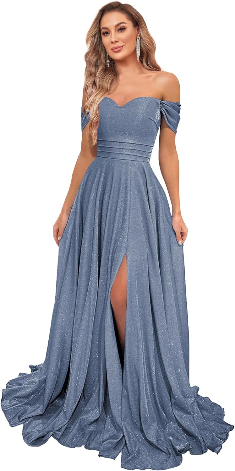 Women's Glittery Prom Dresses Long Ball Gown Off Shoulder High Slit Formal Evening Gowns with Pockets