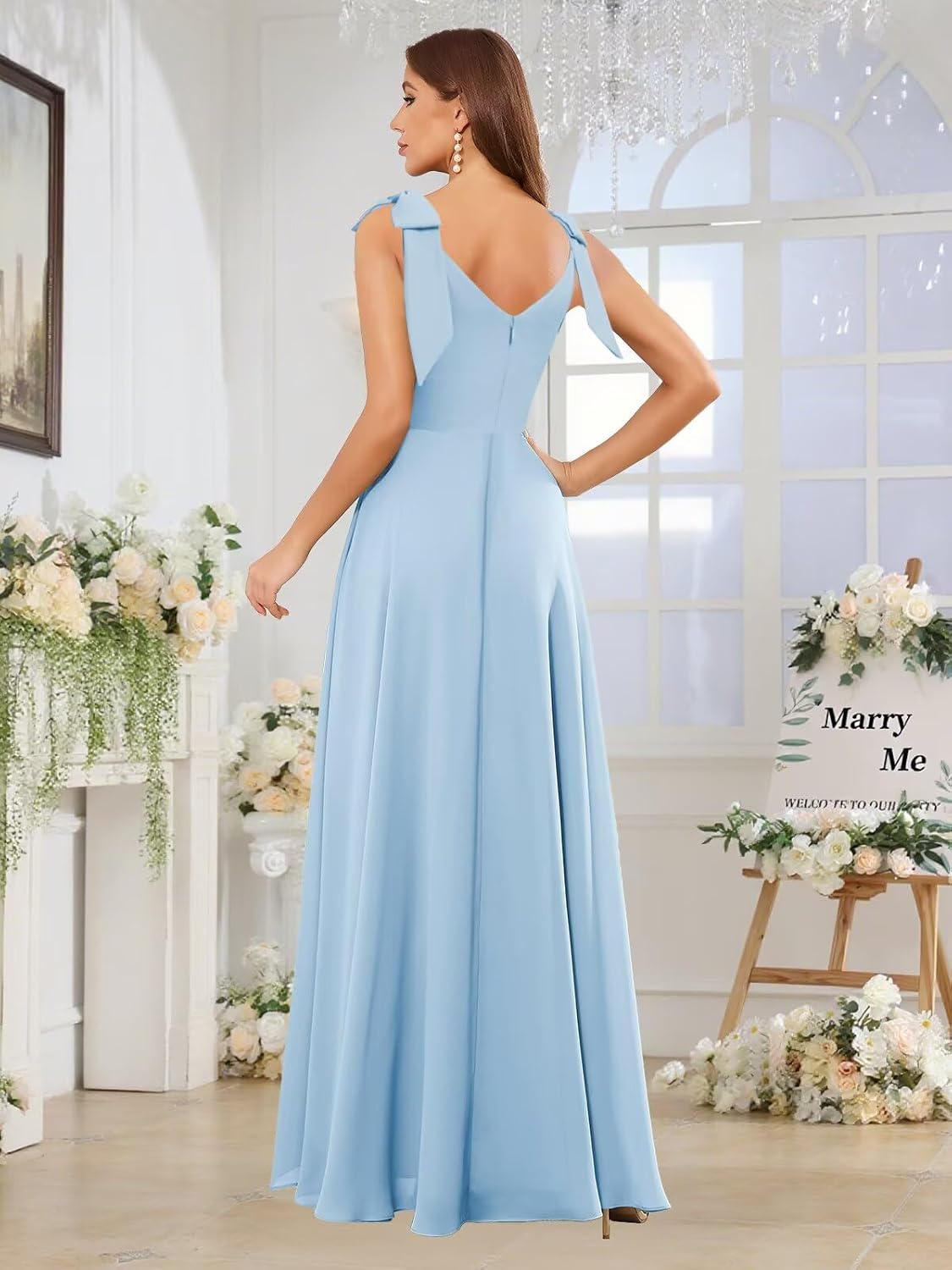 Chiffon Bridesmaid Dresses for Women Ruffles V Neck Flowy Long Formal Evening Dress with Bow