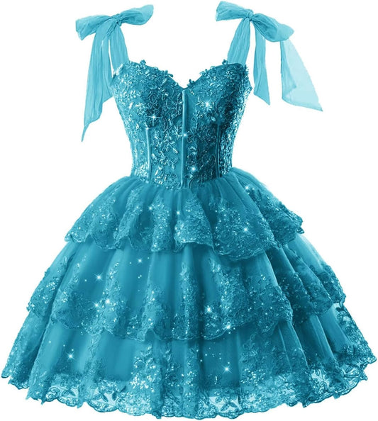 Sparkly Lace Sequin Homecoming Dresses for Teens Short 2026 Bow Straps Corset Tiered Tulle Cocktail Gowns