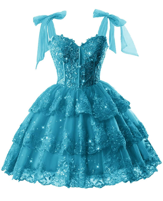 Sparkly Lace Sequin Homecoming Dresses for Teens Short 2026 Bow Straps Corset Tiered Tulle Cocktail Gowns