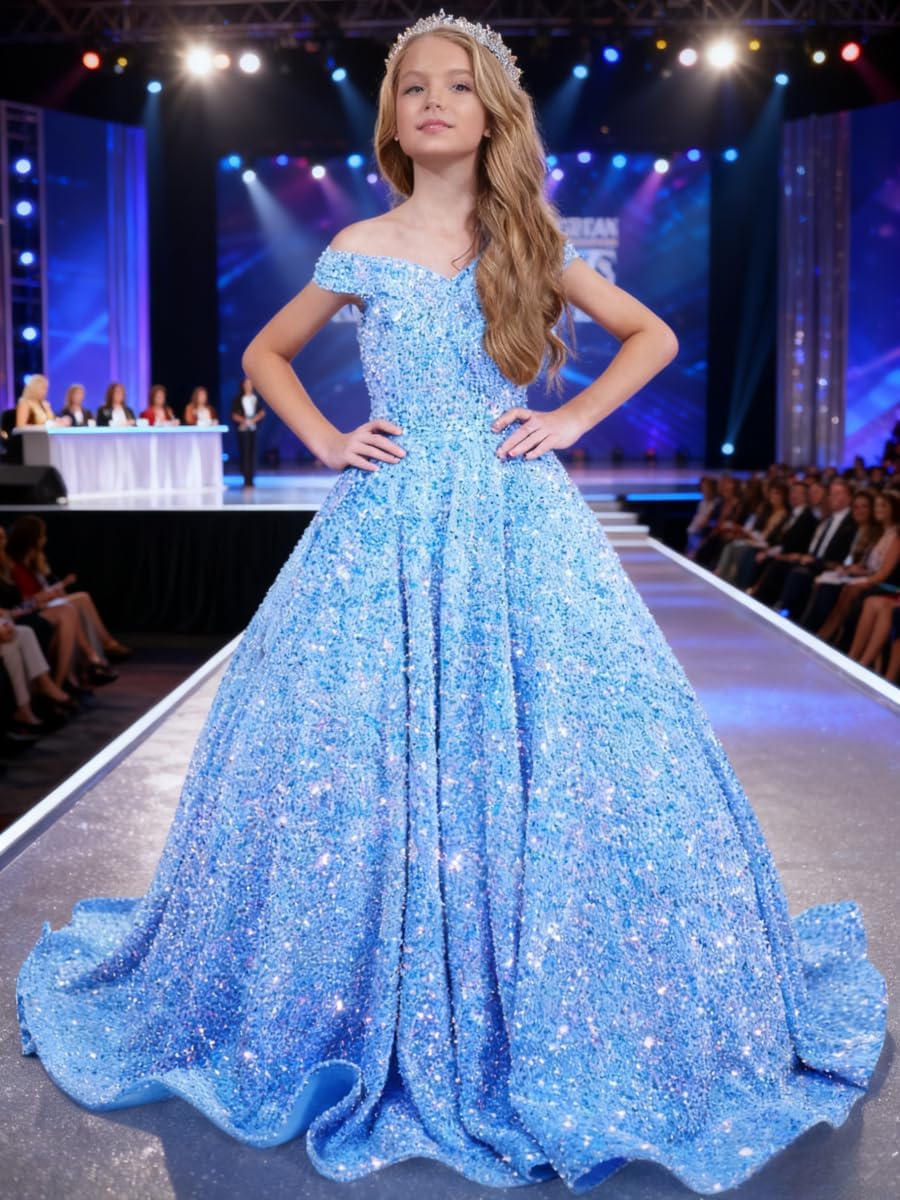 Ball Gown Sequin Pageant Dress for Teens Girls Off Shoulder Long Formal Party Dresses 2027