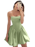 Satin Flower Bud Homecoming Dress Short Prom Dress Cowl Neck Pleated A Line Mini Cocktail Party Gown