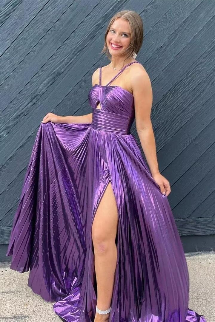 Vestido de fiesta de satén metálico brillante con abertura para mujer, vestido formal de noche plisado con cuello halter 