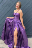 Vestido de fiesta de satén metálico brillante con abertura para mujer, vestido formal de noche plisado con cuello halter 