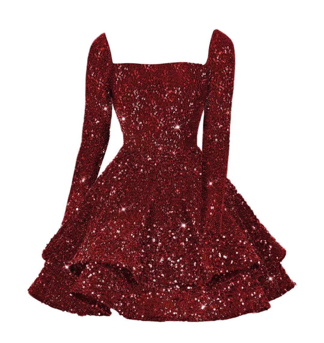 Sequin Short Homecoming Dress for Teen Sparkly Long Sleeve Prom Sweet 16 Dresses Cocktail Gowns